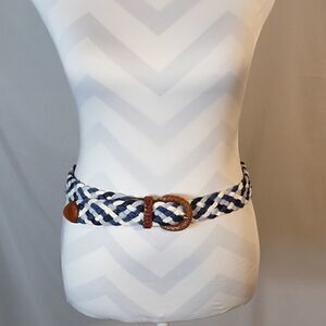 Blue & White Braided Belt With Leather Trim